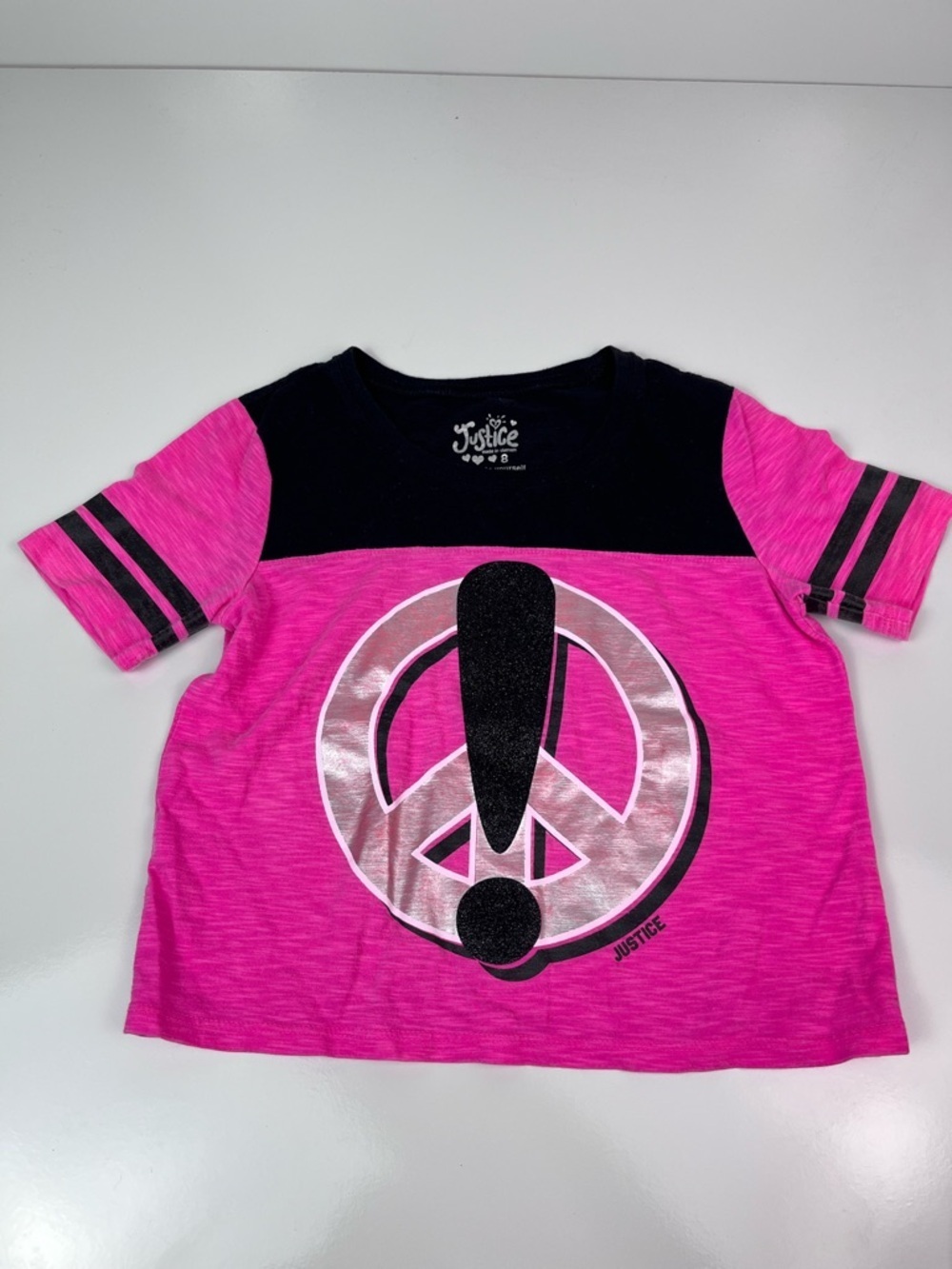 Kids Girls Justice Hot Pink Peace Exclamation Short Sleeved T-shirt Sz 8